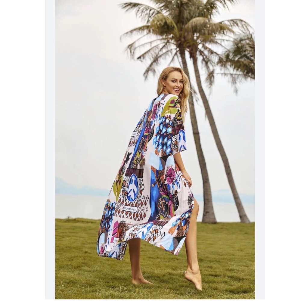 Chufy Majivuno Hyafai Swahili Cartoon Print Kimono  Beach Cover Up Boho Multi OS